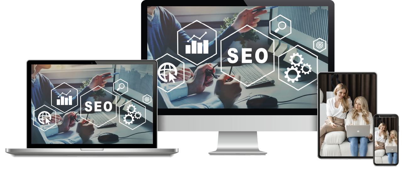 SEO-Kurs für Fotografen auf mehreren Geräten mit Icons und Teamszene angezeigt