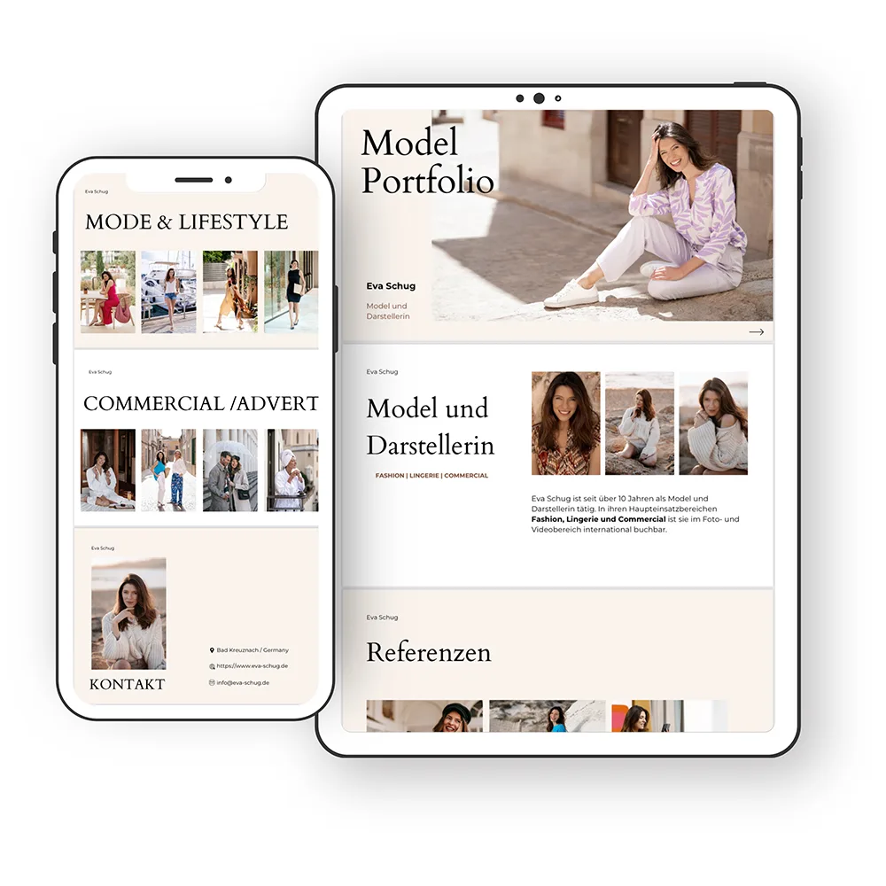 Model Portfolio Vorlage auf Smartphone und Tablet mit Navigationsseiten und Kontaktbereich