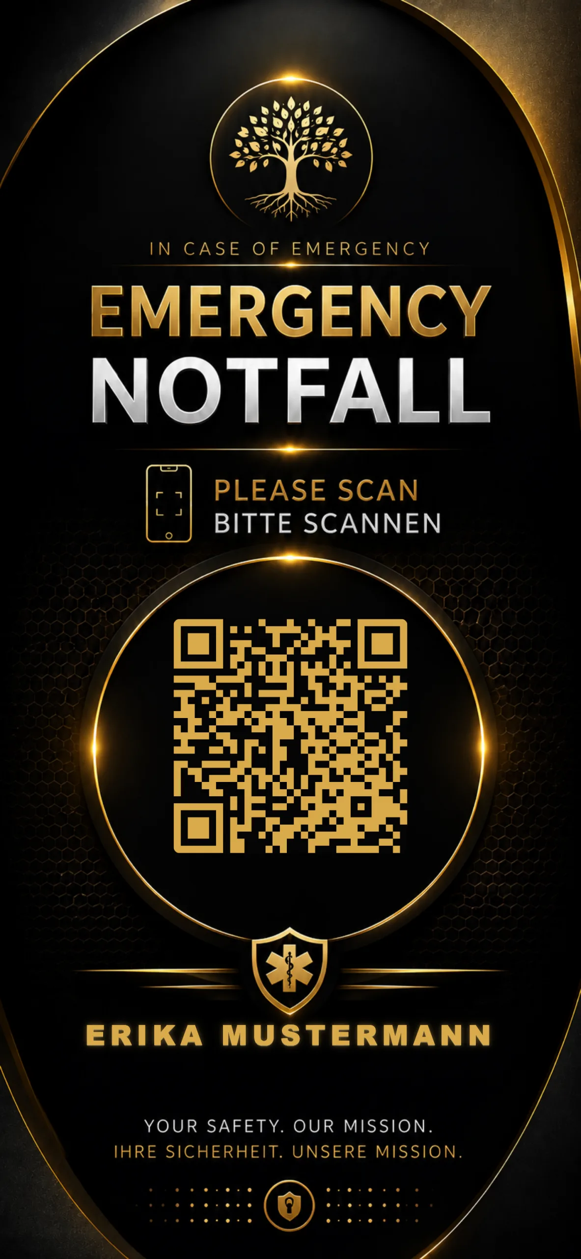 Handy-Sperrbildschirm mit goldener Grafik, Notfallkarte für Erika Mustermann mit QR-Code zum Scannen