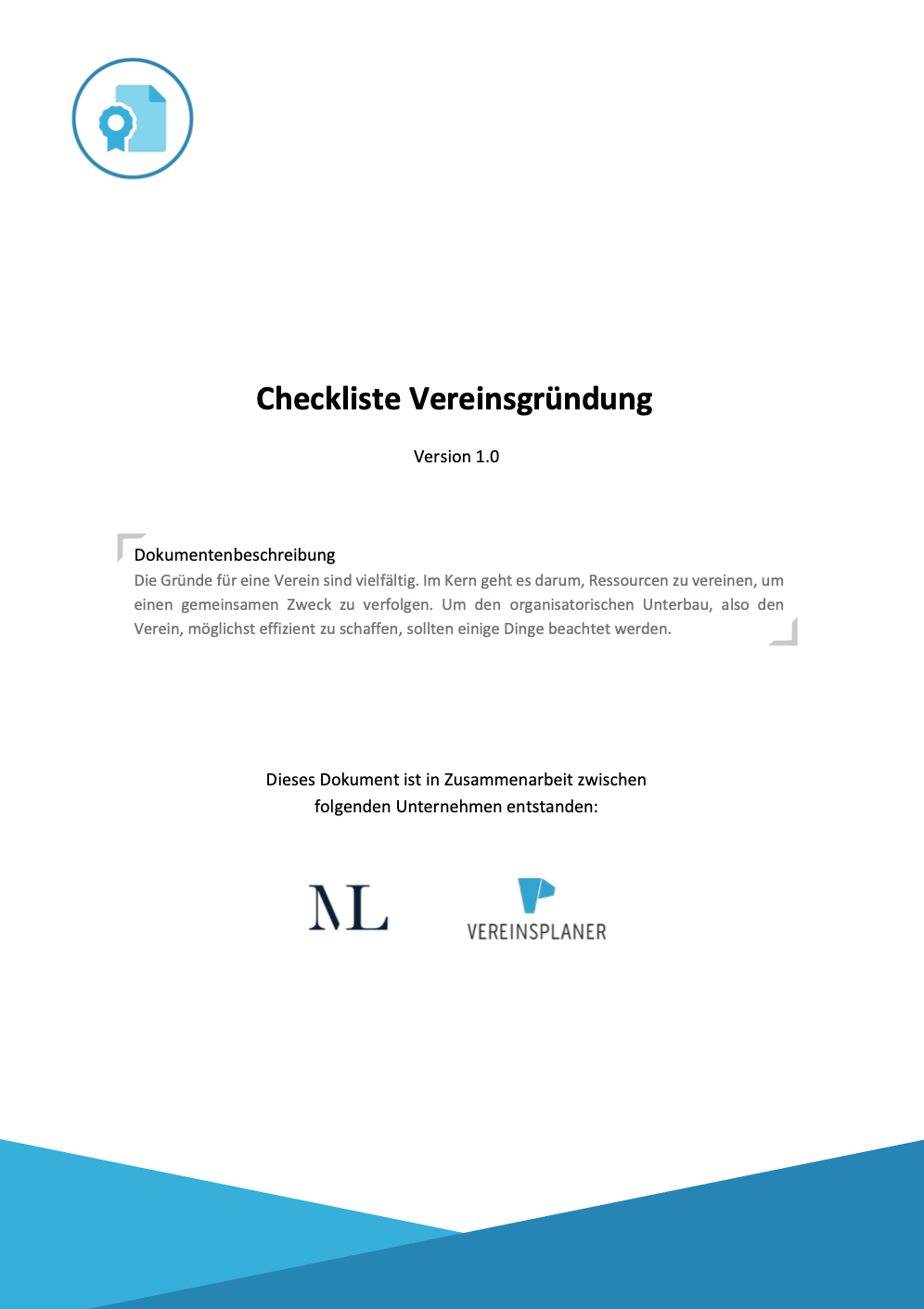 Deckblatt Checkliste Vereinsgründung Version 1.0 mit Dokumentbeschreibung und Vereinsplaner-Logo