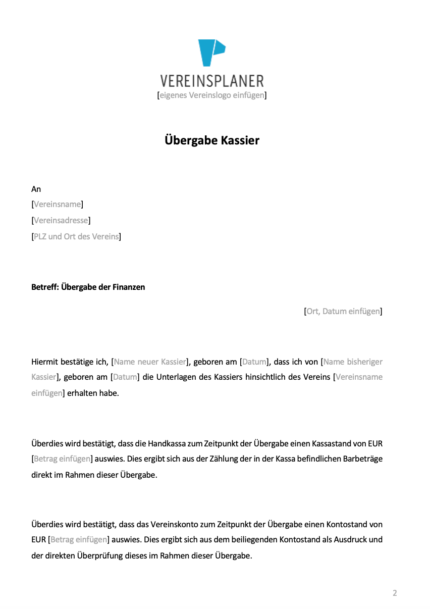 Formular Übergabe Kassier mit Finanzbestätigung für Handkassa und Vereinskonto