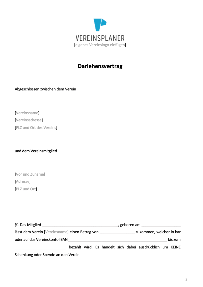Formular Darlehensvertrag zwischen Verein und Vereinsmitglied mit Darlehensbedingungen