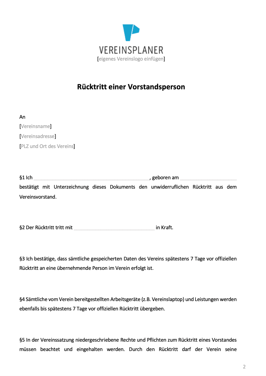 Dokument Rücktritt einer Vorstandsperson mit Vereinsplaner-Logo, Formularfelder für Personendaten und Rücktrittserklärung