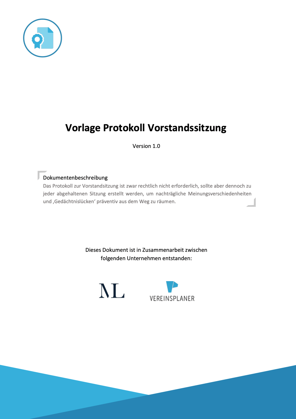 Deckblatt Vorlage Protokoll Vorstandssitzung Version 1.0 mit Dokumentbeschreibung und Vereinsplaner-Logo