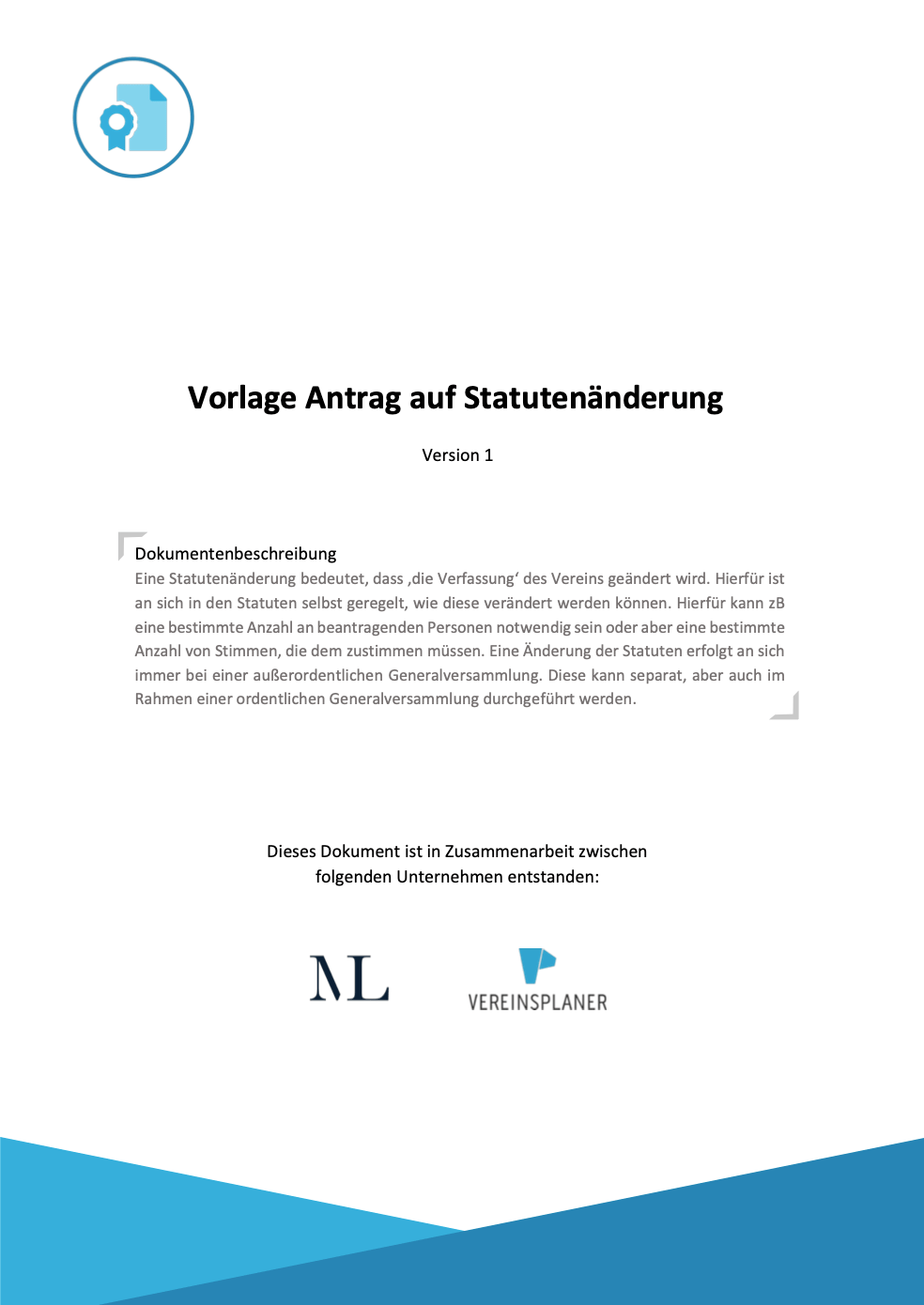 Deckblatt Vorlage Antrag auf Statutenänderung Version 1 mit Dokumentbeschreibung und Vereinsplaner-Logo