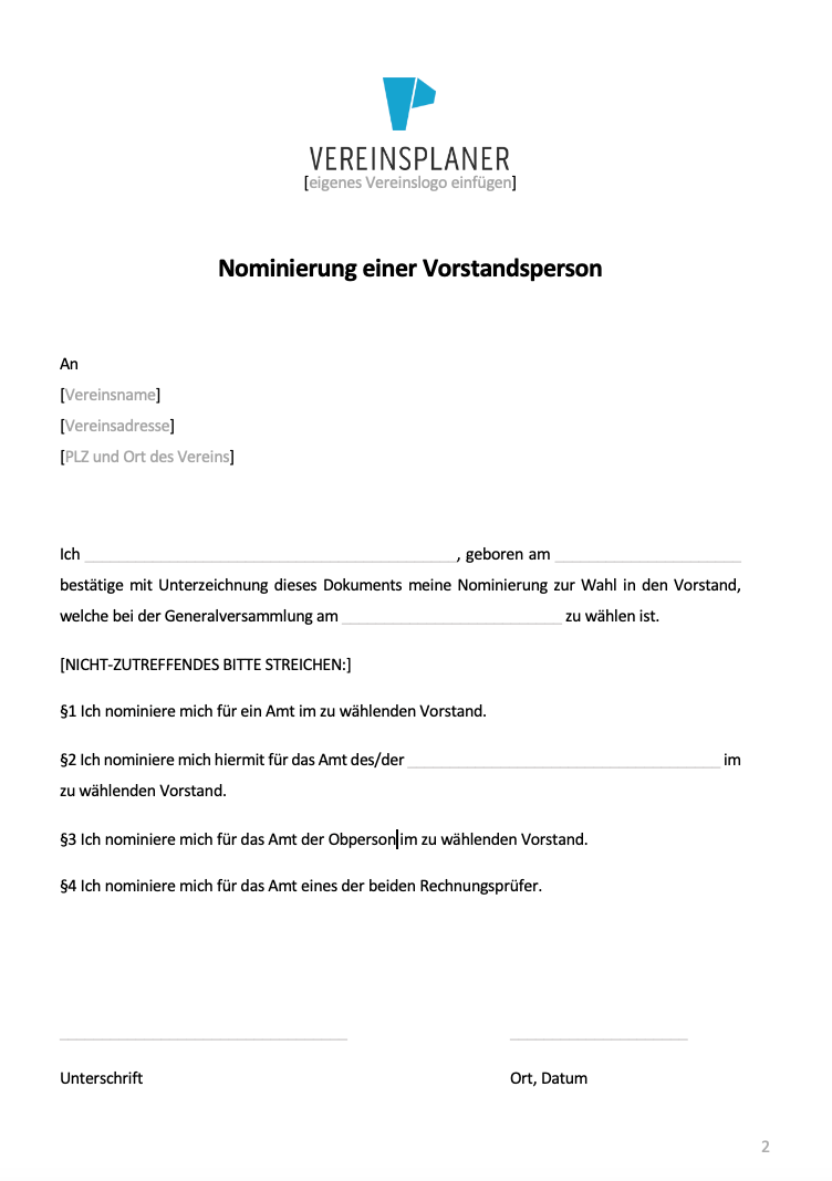 Formular Nominierung einer Vorstandsperson mit Textfeldern und Unterschriftszeilen