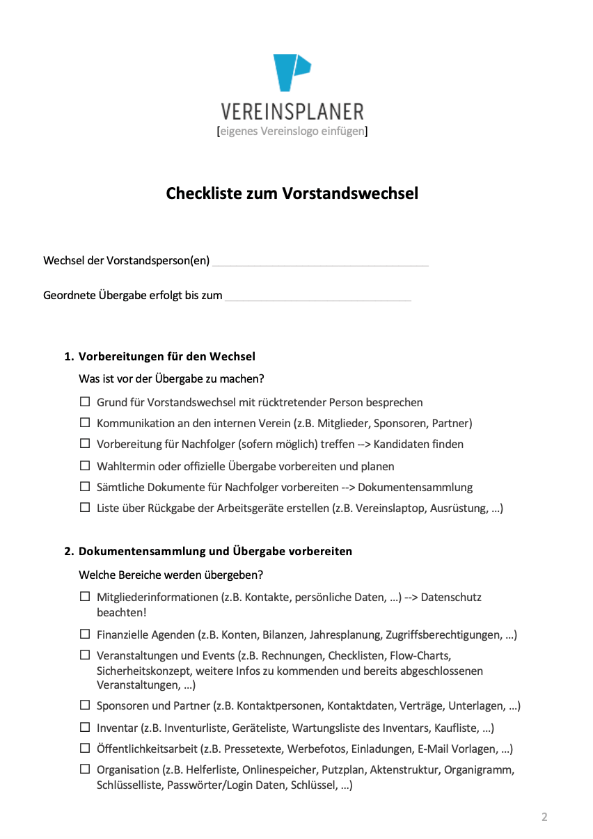Checkliste zum Vorstandswechsel mit Vorbereitung, Dokumentenverwaltung und Übergabepunkten