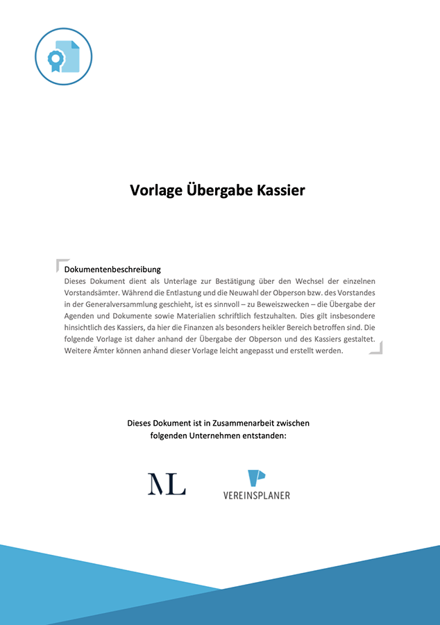 Titelblatt Vorlage Übergabe Kassier mit Symbol und Unternehmenslogos