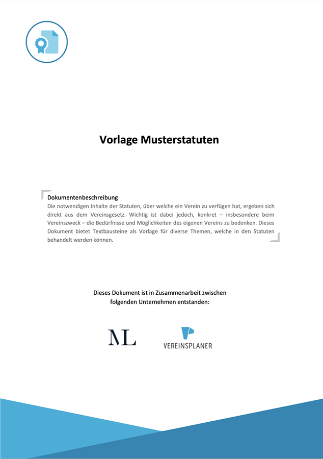 Deckblatt Vorlage Musterstatuten mit Dokumentbeschreibung und Vereinsplaner-Logo