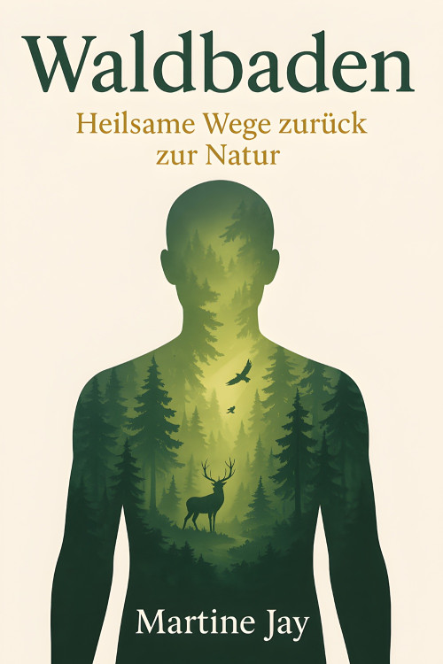 E-Book-Cover Waldbaden von Martine Jay mit Silhouette eines Menschen gefüllt mit Waldlandschaft