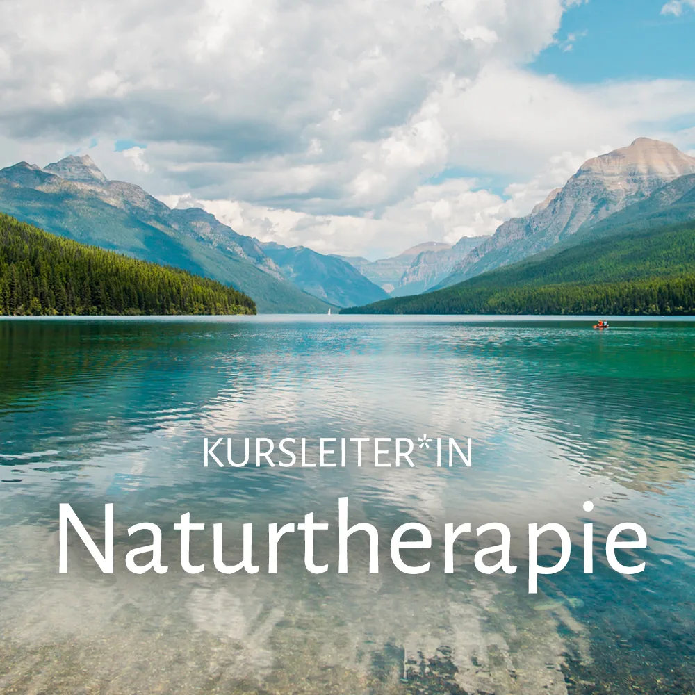 Berghsee mit Bergkette und Wald, Text Kursleiter*in Naturtherapie, Cover Online-Ausbildung