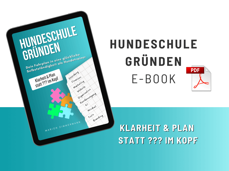 E-Book Mockup Hundeschule gründen auf Tablet mit PDF-Symbol und Text: Klarheit & Plan statt ??? im Kopf