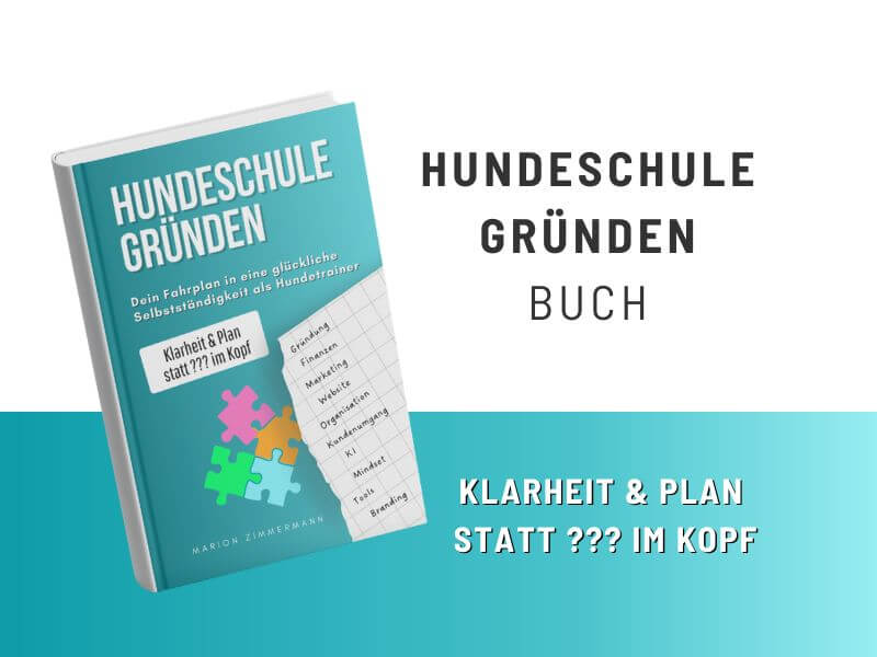 Buchcover Hundeschule gründen mit Puzzleteilen, Buch und Text: Klarheit & Plan statt ??? im Kopf