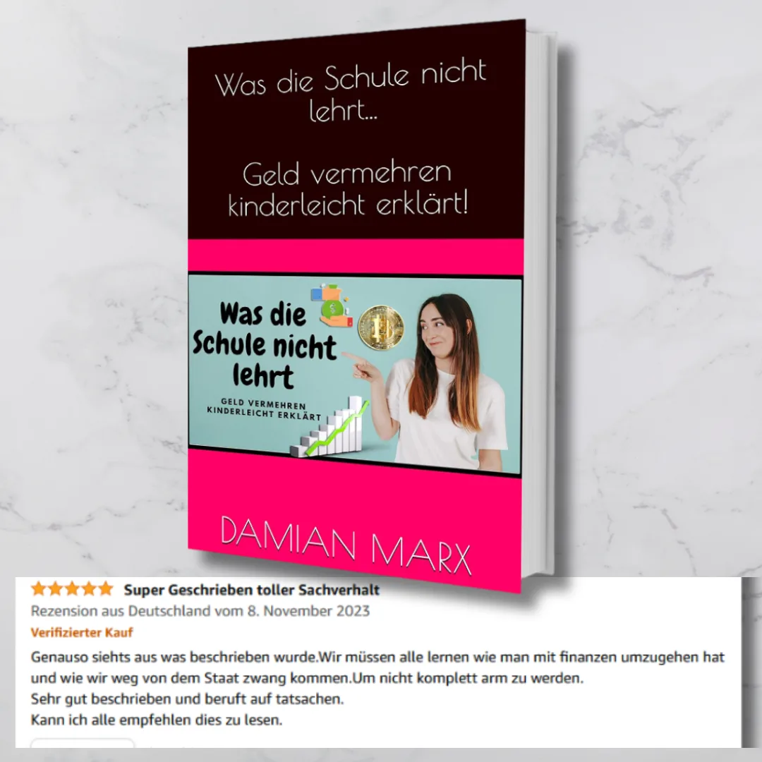 Mockup E-Book "Was die Schule nicht lehrt" mit Kundenbewertung 5 Sterne und Rezension