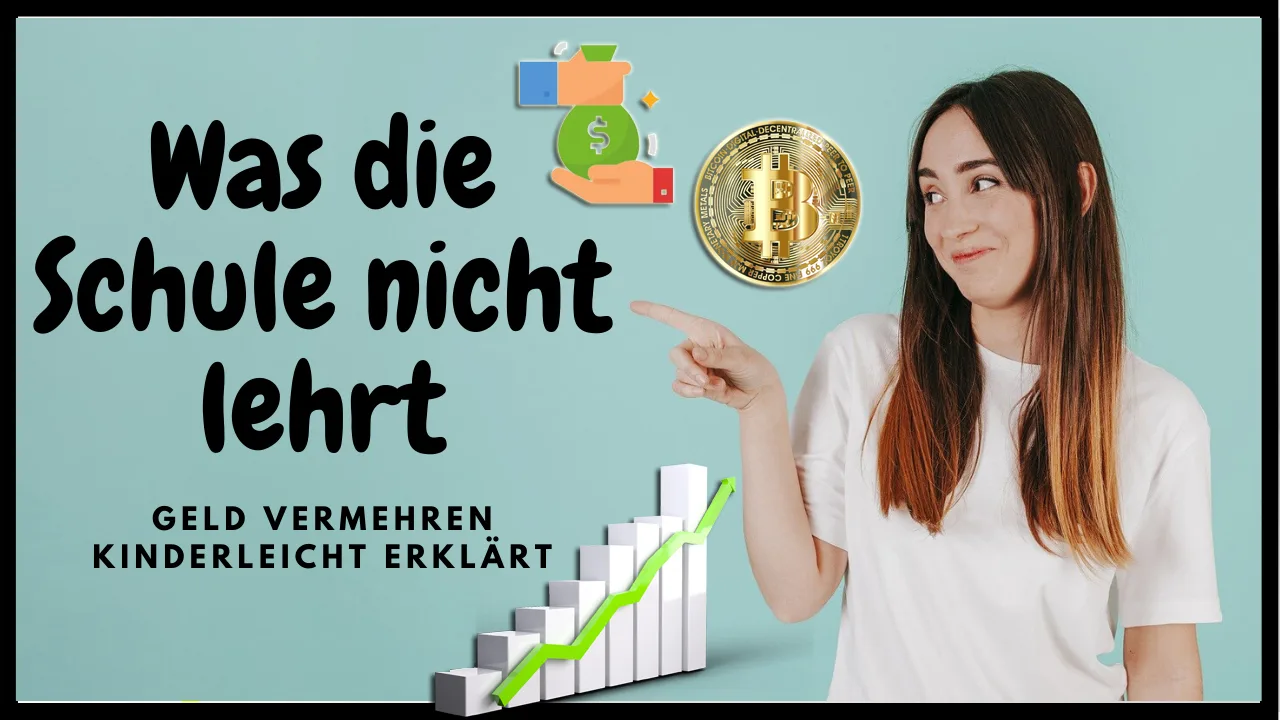 Hero-Bild zum E-Book "Was die Schule nicht lehrt" mit Frau, die auf Bitcoin und Wachstumschart zeigt
