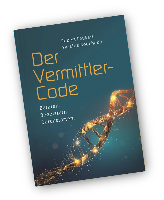 Buchcover Der Vermittler-Code mit DNA-Grafik in Schrägansicht