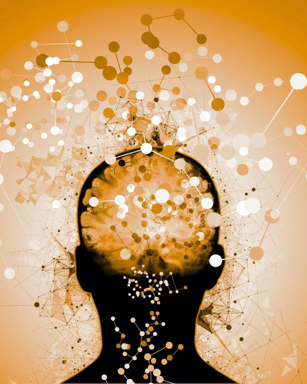 Kopfsilhouette mit goldenen Netzwerk-Knoten und Gedankensymbolen
