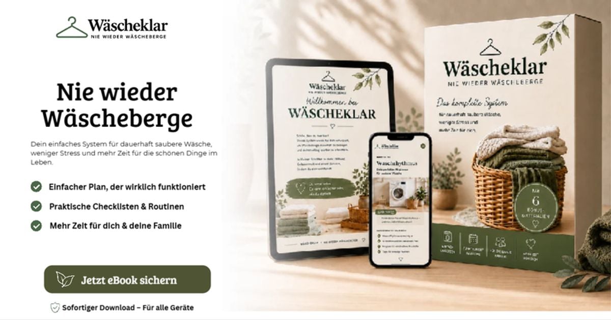 Wäscheklar – E-Book zur Wäscheorganisation 2 Wäscheklar Hero-Bild mit E-Book und App auf Tablet und Smartphone, Wäschekorb mit gefalteter Kleidung