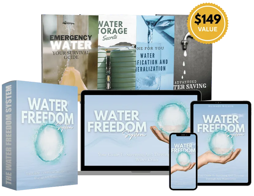 Water Freedom System Cover Bundle Ansicht mit Buch, Tablets und Smartphone, $149 Wertsiegel