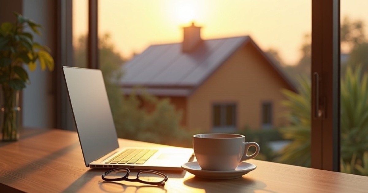 Wattvoll Kauf-Check – E-Book zum PV-Anlagen-Kauf von Axel Klett 3 Laptop und Kaffeetasse auf Holztisch vor Fenster mit Hausausblick bei Sonnenuntergang