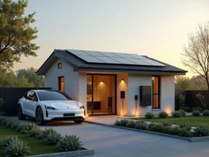 Modernes Wohnhaus mit Solardach, E-Auto und Ladeinfrastruktur