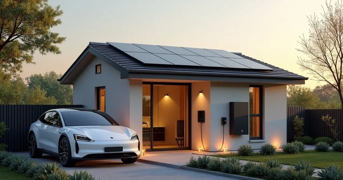 Wattvoll Komplett-Paket – Videokurs zur PV-Optimierung von Axel Klett 2 Modernes Einfamilienhaus mit Solarpanelen auf dem Dach, weißem Elektroauto in der Einfahrt und Ladestation, Wattvoll Komplett