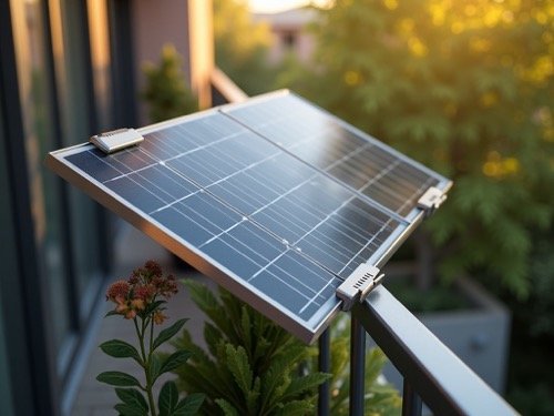 Solarmodul auf Balkongeländer montiert mit Befestigungssystem und grünen Pflanzen