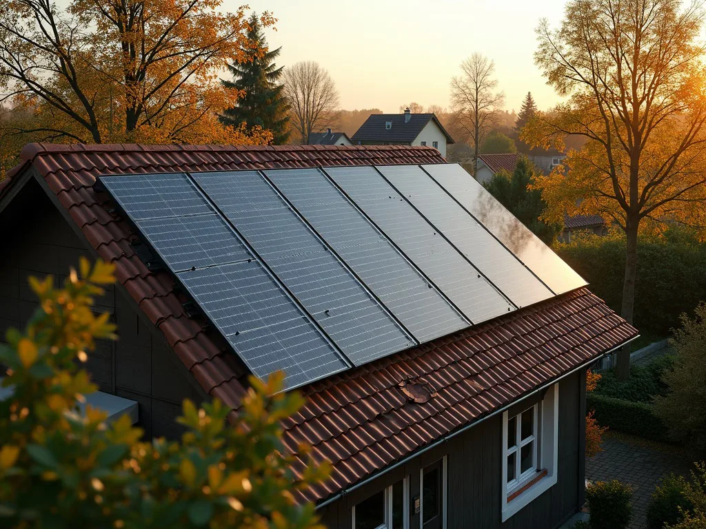 Wattvoll Weiterbetriebs-Check – Leitfaden zum PV-Weiterbetrieb 3 Solarmodule auf Dach mit Herbstbäumen und Nachbarhaus
