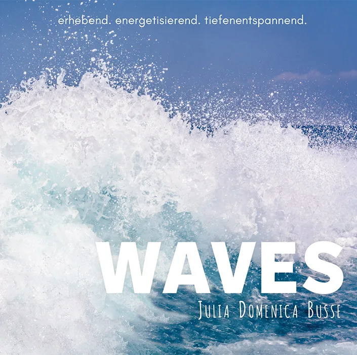 CD-Booklet Seite 1 WAVES mit Wellenmotiv und Tagline zur Körpertambura-Meditation