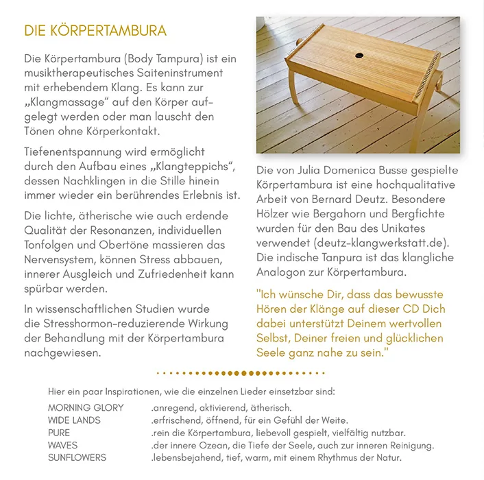 CD-Booklet Seite 4 mit Informationen zur Körpertambura und Liedzusammenfassungen