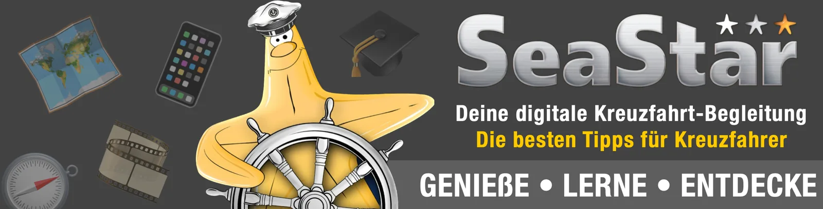 Wayne Morris – Musikprogramm für Kreuzfahrten 2 SeaStar Hero-Banner mit Cartoon-Kapitän, Schiffsrad und Produkttitel für Kreuzfahrt-App
