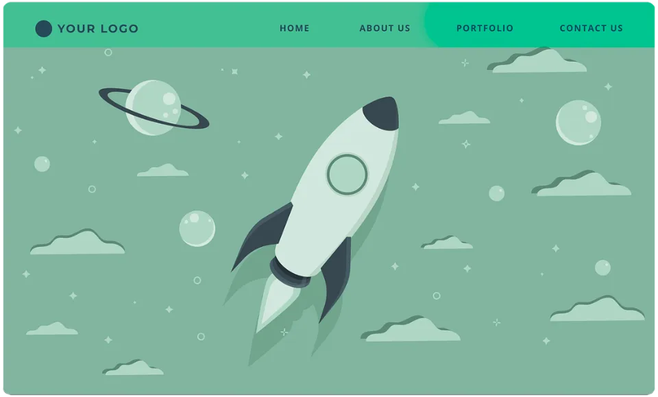 Header-Design einer Webseite mit Rocket-Grafik, Navigation und Logo