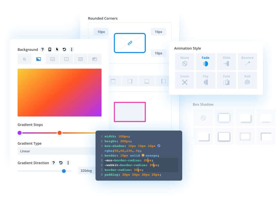 Screenshot des Divi Theme Editors mit Farbgradienten und Animationsoptionen