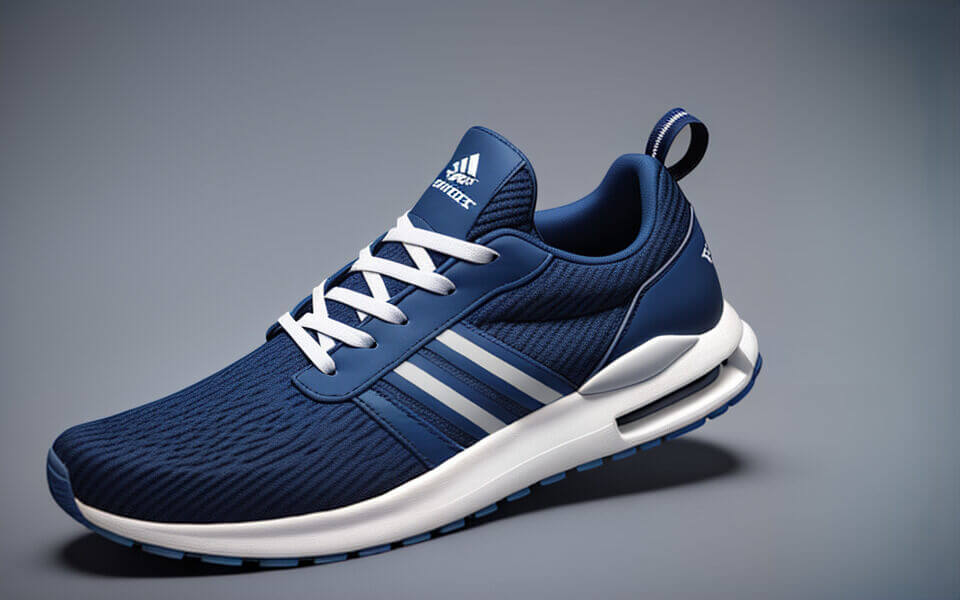 Produktabbildung eines blauen Adidas-Sportschuhs auf grauem Hintergrund