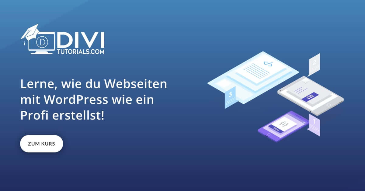 Hero-Banner zum Videokurs Webdesign mit WordPress mit Divi Tutorials Logo und Kursmodulen