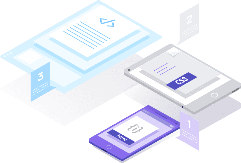 Isometrische Illustration von Webdesign-Elementen auf verschiedenen Geräten