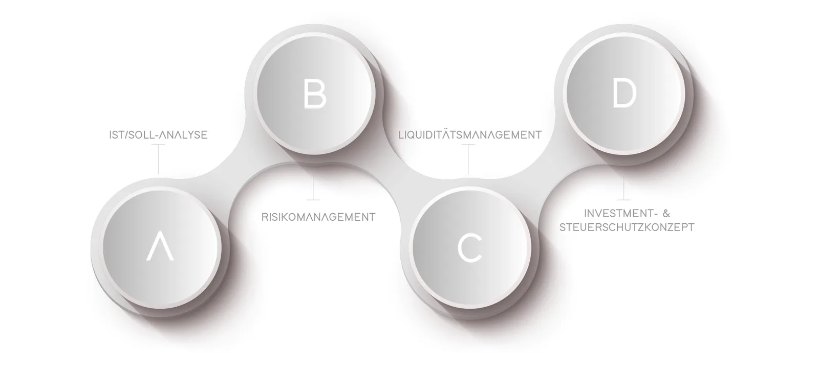 Finanzkonzept-Diagramm mit vier Modulen A, B, C, D um zentrales Risikomanagement