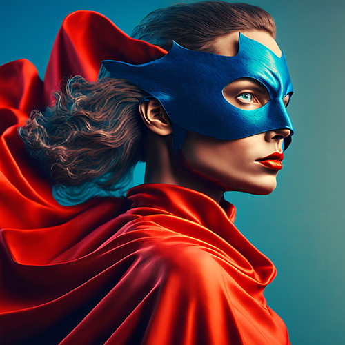 Frau mit rotem Cape und blauer Maske vor türkisem Hintergrund