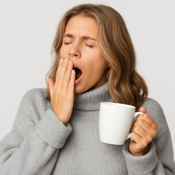 Frau gähnt mit Kaffeebecher, zeigt Müdigkeit und Erschöpfung