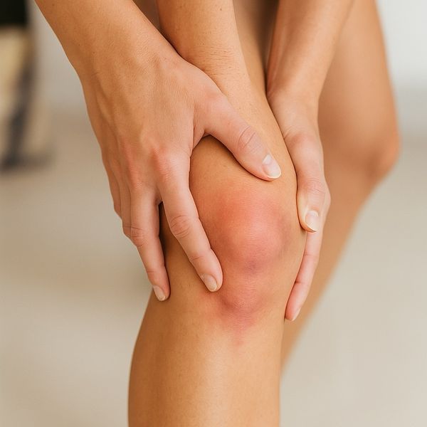 Frauenbein mit Händen am Knie, visualisiert Gelenkschmerzen