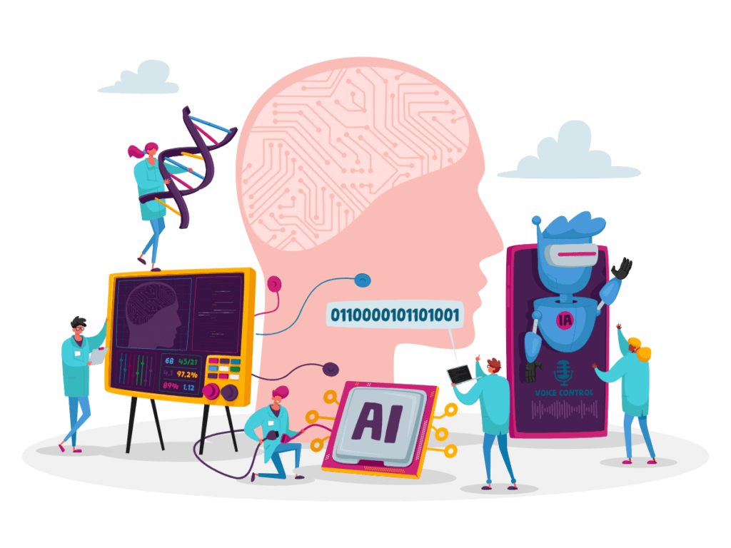 Abstrakte Illustration mit Gehirn, KI-Symbol und Menschen rund um Technologie