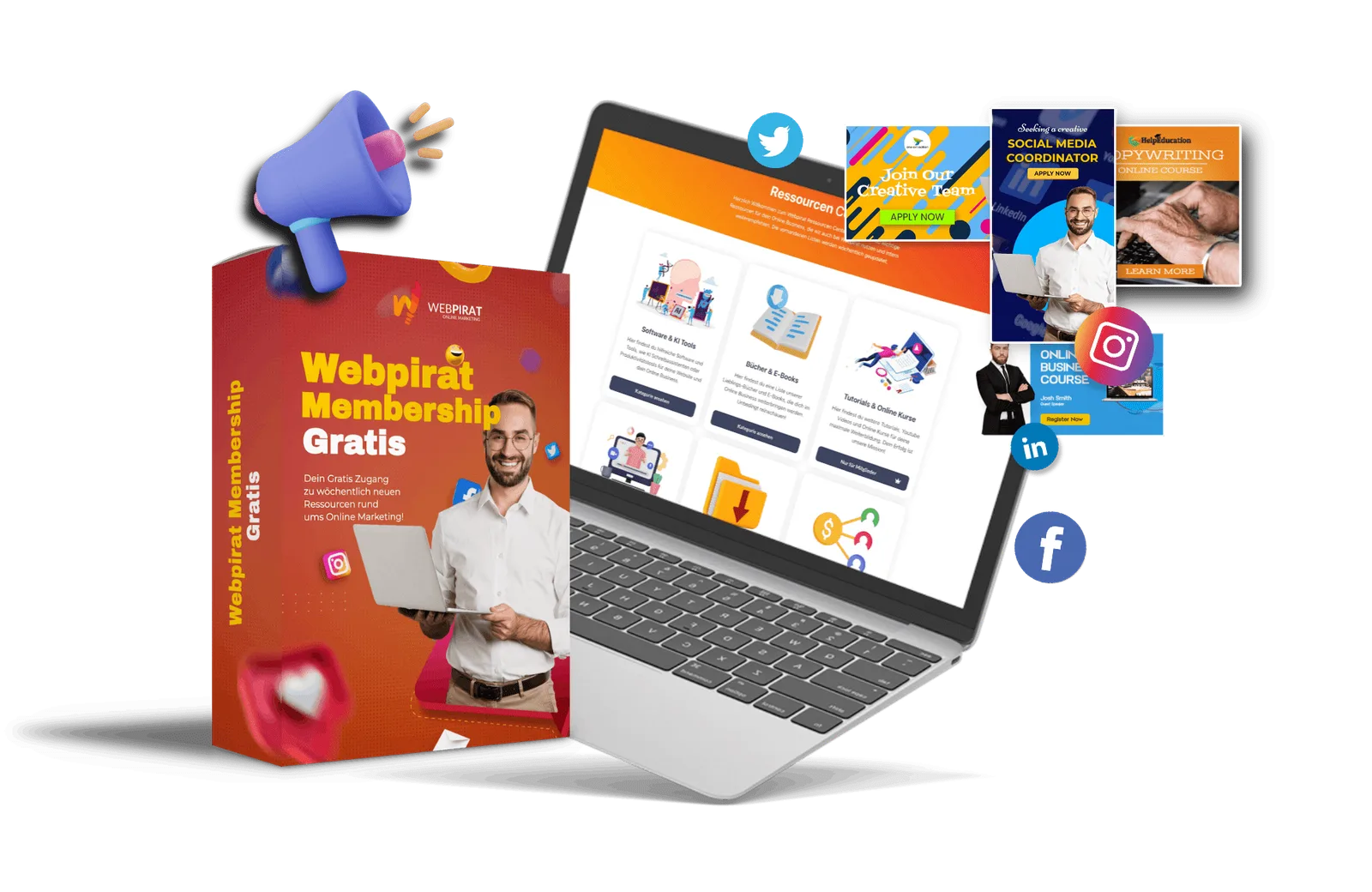 Webpirat Membership Gratis – Hero-Image mit Produktverpackung, Laptop und Megafon