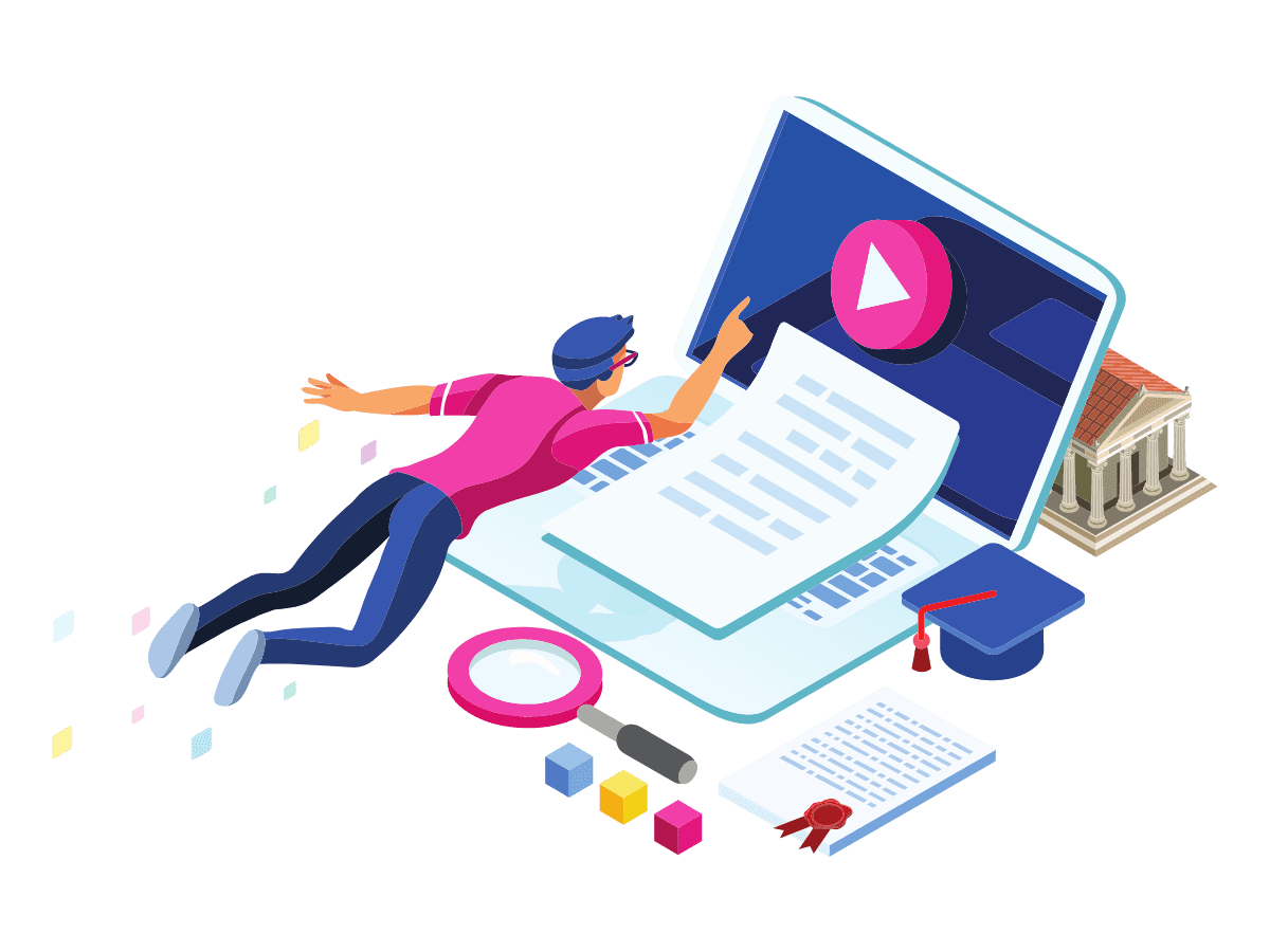 Illustration: Person beim Online-Learning mit Laptop und Play-Symbol