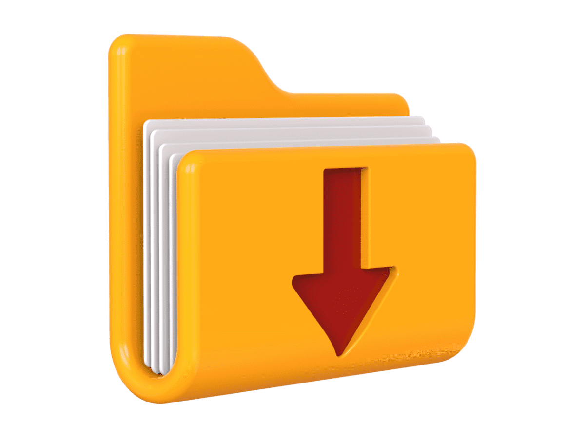 Illustration: Ordner mit Download-Pfeil und gestapelten Dateien