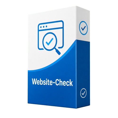 Website-Check Produktbox von 24things mit Lupe und Häkchen-Symbolen in Blau und Weiß