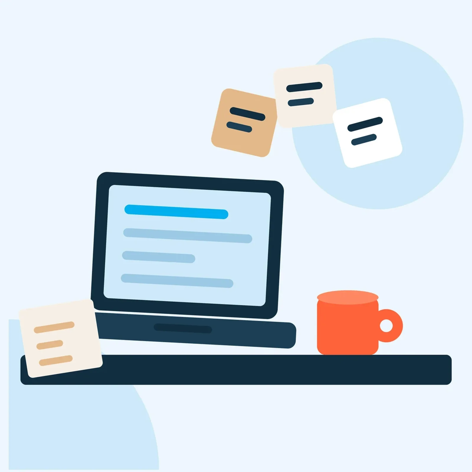 Website-Erstellung für Anfänger – Videokurs zum Website-Bau 5 Illustration Laptop mit Notizzetteln und Kaffeetasse auf Schreibtisch