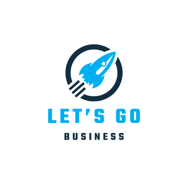 Website-Erstellung für Anfänger – Videokurs zum Website-Bau 6 Let's Go Business Logo mit Raketen-Symbol in Kreis auf weißem Hintergrund