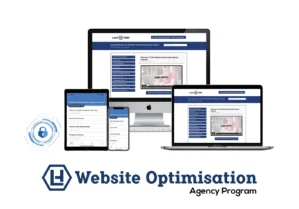 Website Optimisation Agency Program von Leon Hüttl, Mockup auf verschiedenen Geräten mit Logo und Beschreibung