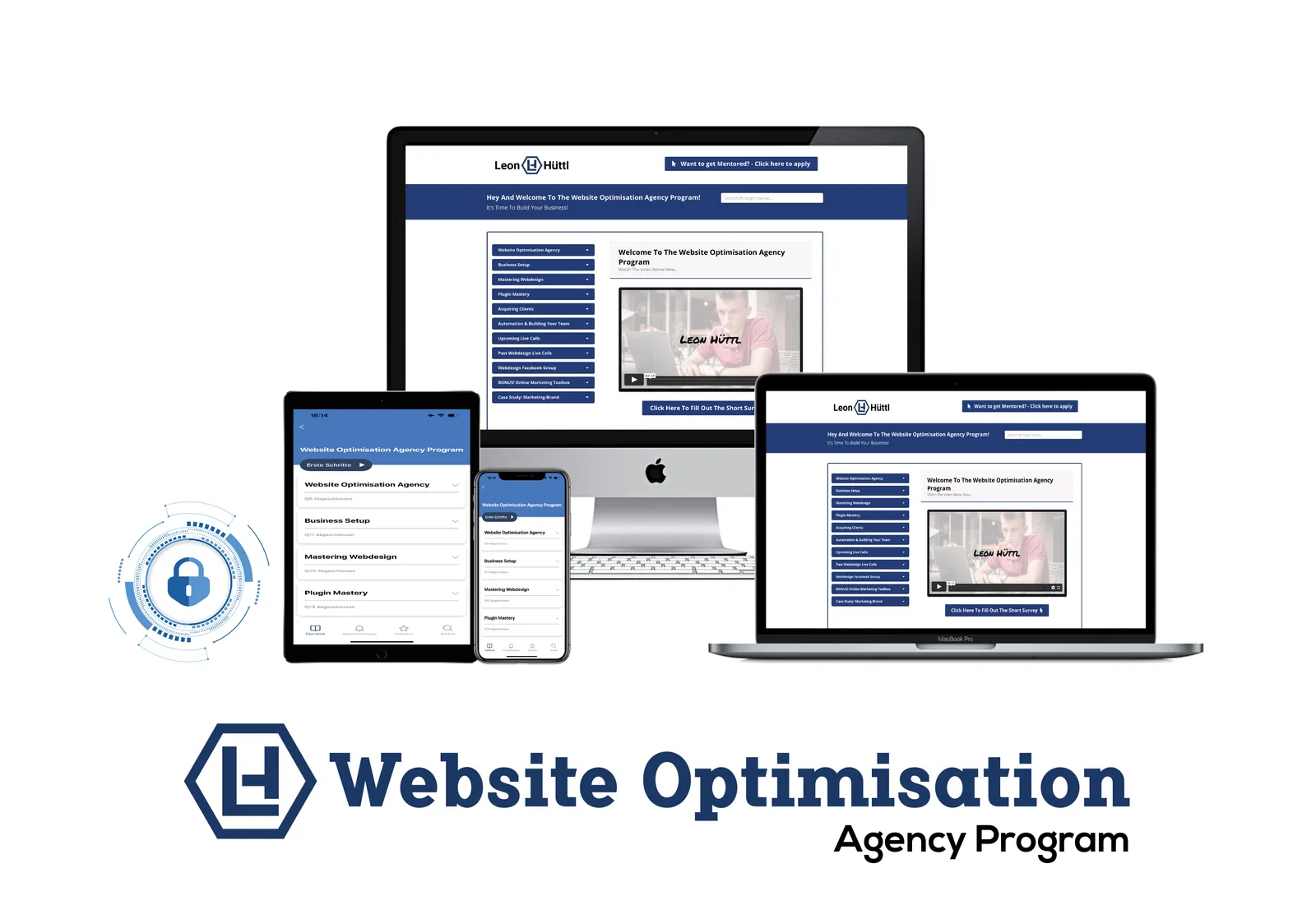 Website Optimisation Agency Program von Leon Hüttl, Mockup auf verschiedenen Geräten mit Logo und Beschreibung