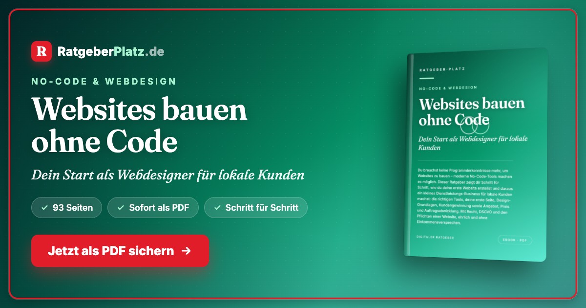 Hero-Banner mit Ratgeberplatz-Logo, Buchtitel „Websites bauen ohne Code